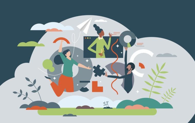 Illustration of 3 people innovating and collaborating.