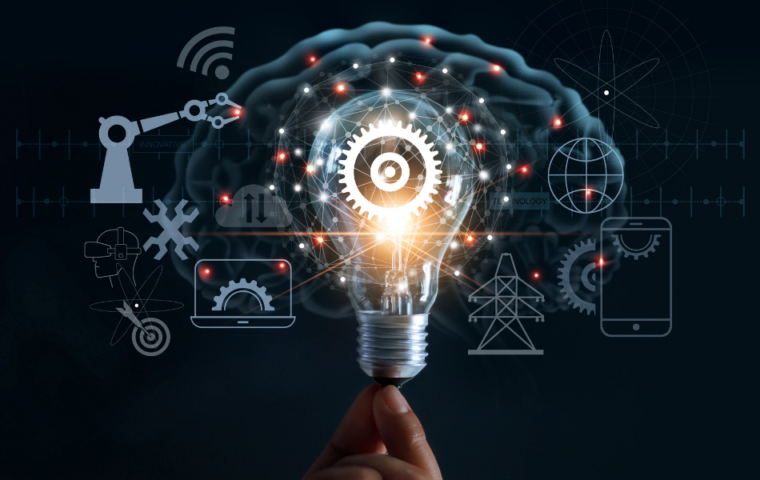 Hand holding lightbulb with cog inside and innovation icon network connection on brain background, innovation technology in science and industrial concept