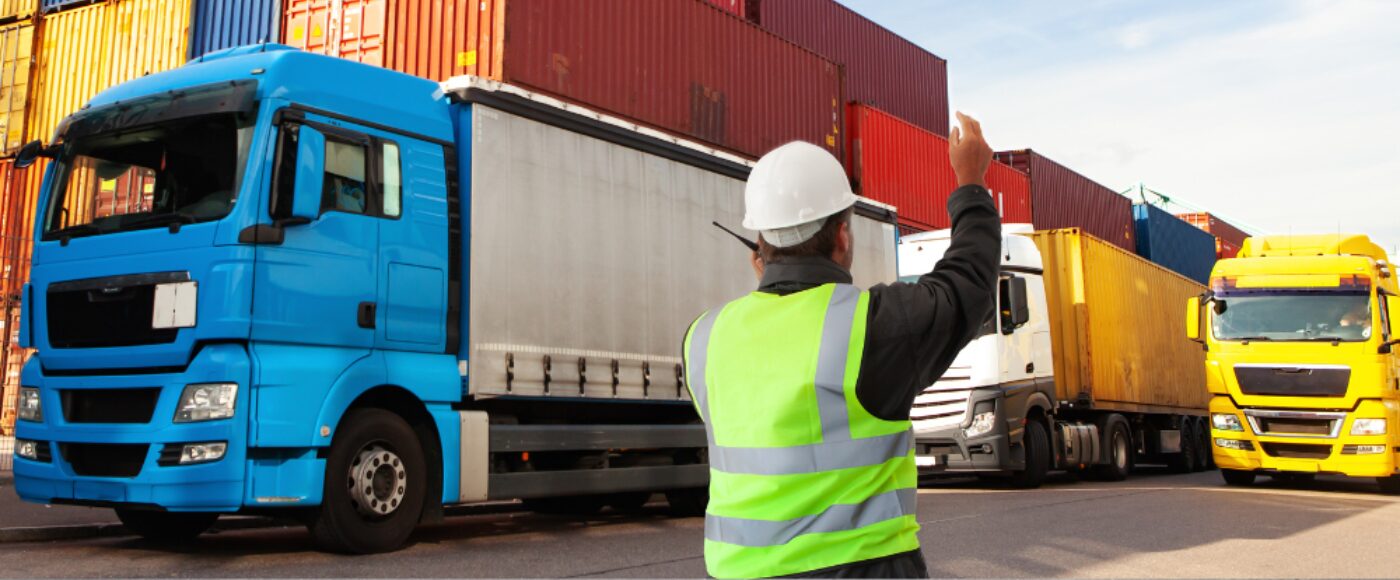 Container terminal with trucks with freight forwarding manager