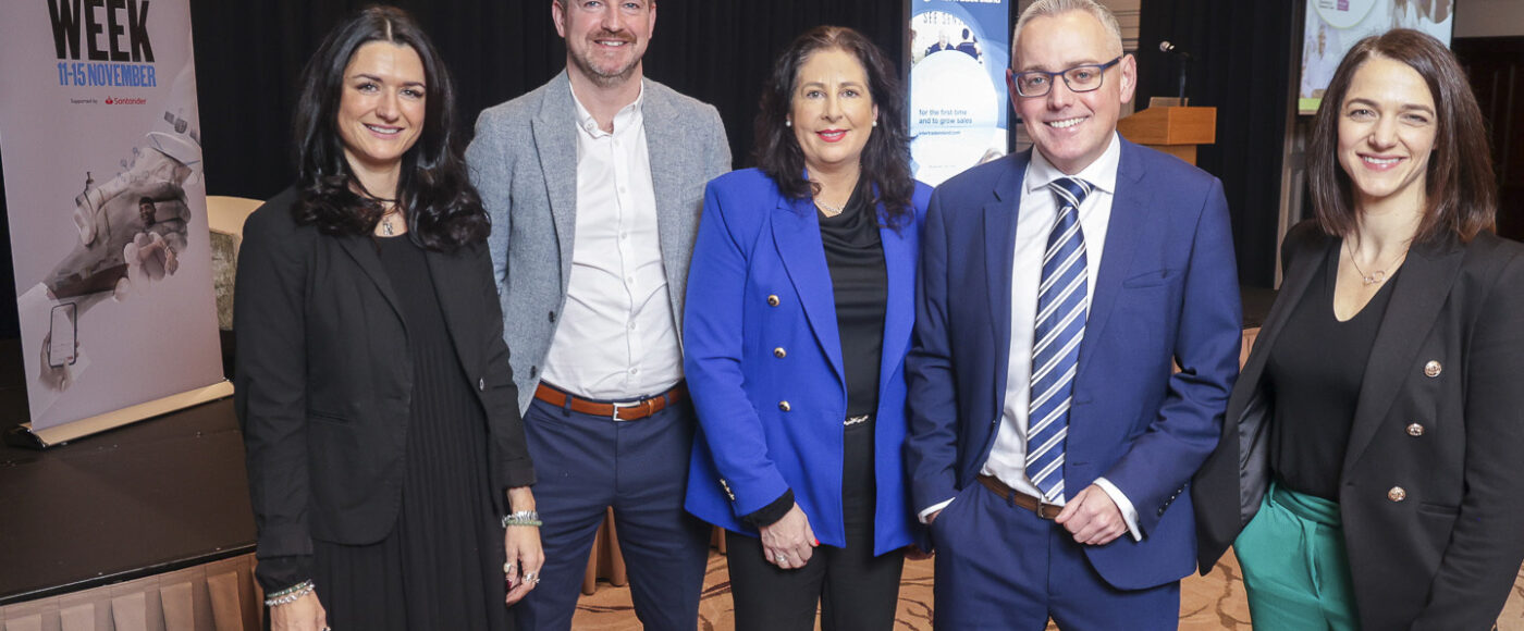 Pictured at a recent cross-border trade event are (L-R) Karly Greene, Head of Northern Ireland, Department for Business and Trade, Colin McCabrey, Director of Trade, InterTradeIreland, Una McGoey, Senior Trade Specialist, InterTradeIreland, Richard Elliot, Head of Creative Services, Department for Business and Trade, Ruth Robinson, Managing Director, Full Circle Management Solutions