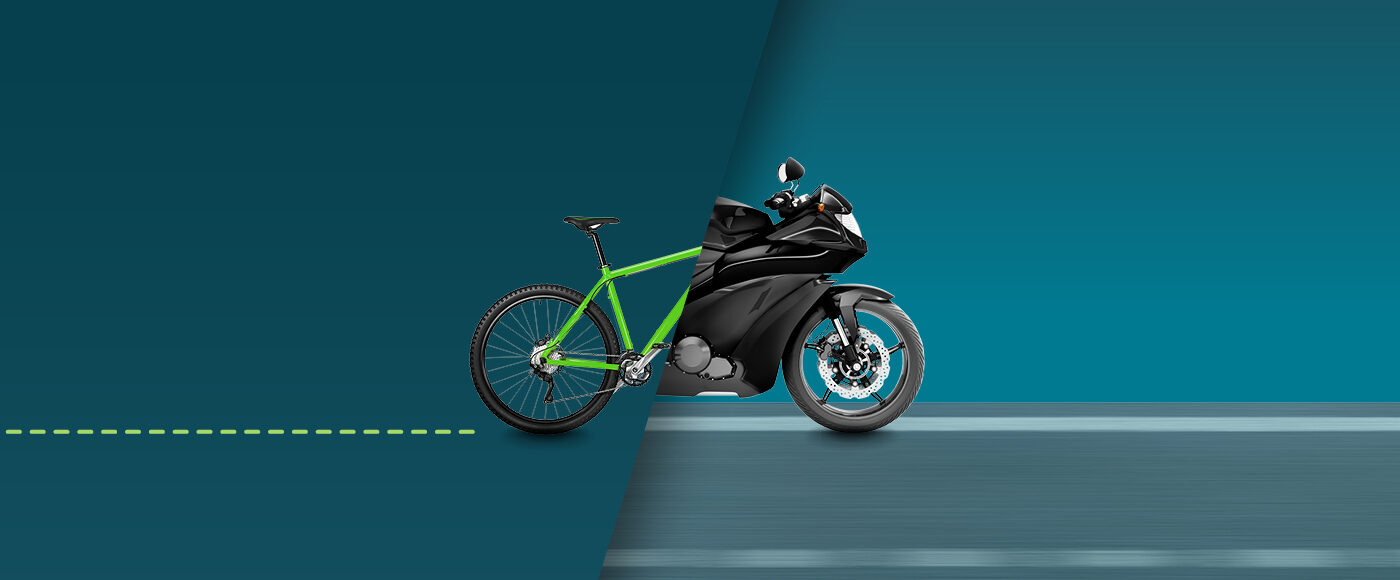 Merged image with back half bicycle front half motorbike