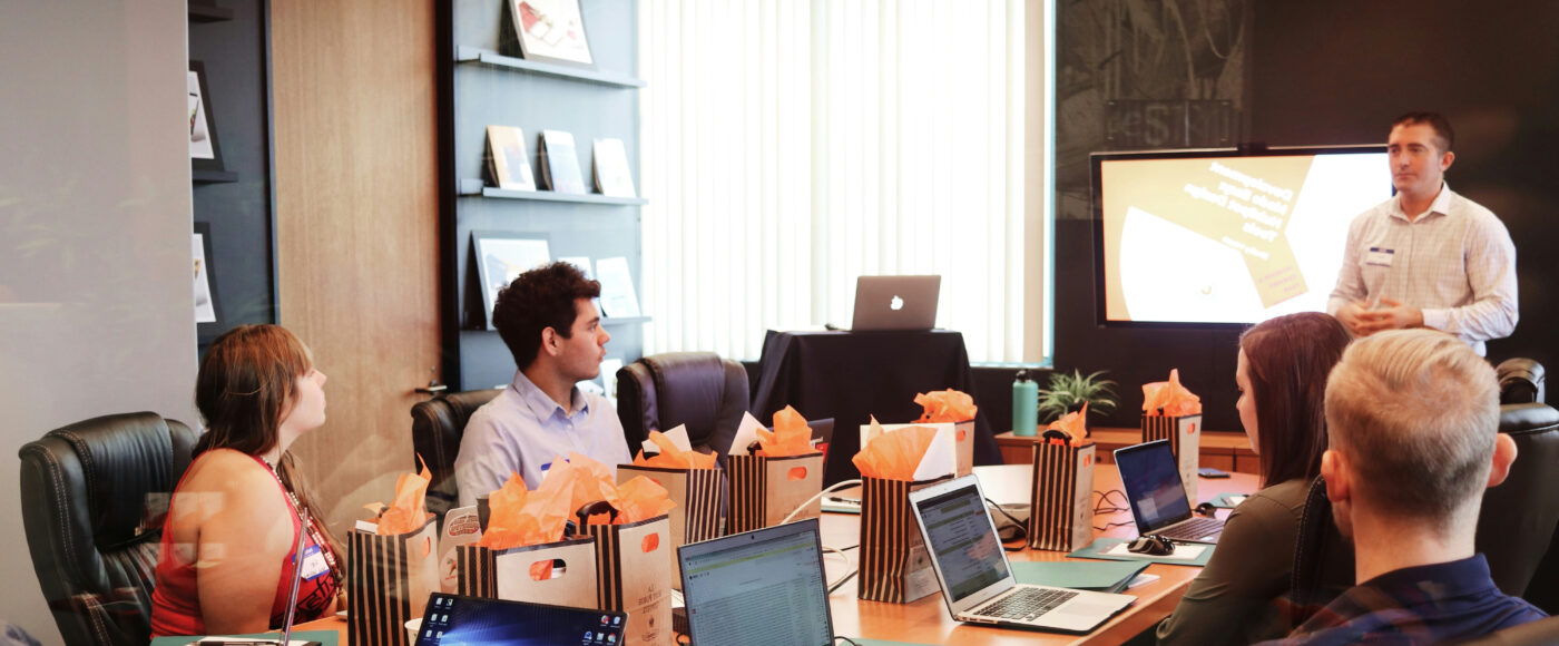Person standing up presenting at a business meeting