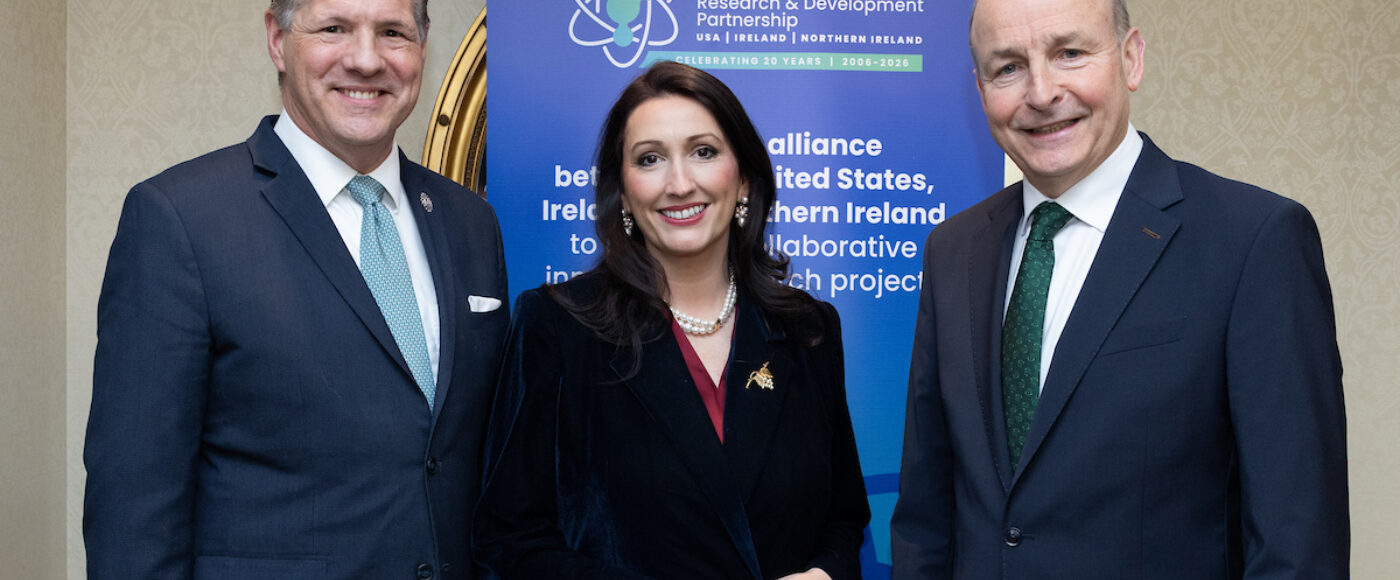Three standing together; Brian Stone, NSF Chief of Staff, Performing the Duties of Director; deputy First Minister Emma Little-Pengelly MLA and Taoiseach Micheál Martin TD.