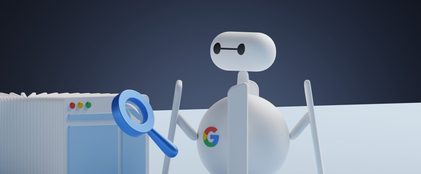 A white robot holding up a magnifying glass next to a white box