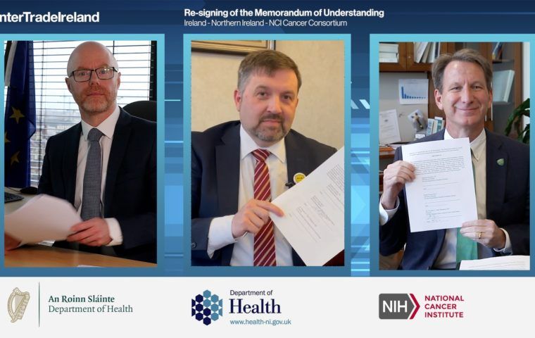 Pictured signing a new Memorandum of Understanding to reinvigorate the Ireland - Northern Ireland – NCI Cancer Consortium is Irish Minister for Health Stephen Donnelly TD, Northern Ireland Minister for Health Robin Swann MLA and Dr Norman E Sharpless MD on behalf of the National Cancer Institute of the US (NCI).
