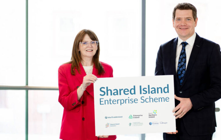 Minister for Enterprise Trade and Employment Peter Burke TD and Minister for the Economy Dr Caoimhe Archibald mark the 30m Shared Island Enterprise Scheme 2025 05 06 082851 qcej