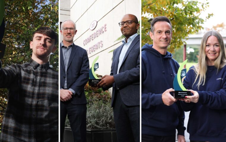 Collage featuring Seedcorn 2026 Dublin regional winners RocketBox, TutorGrowth and Peak 15 Bio with their awards.